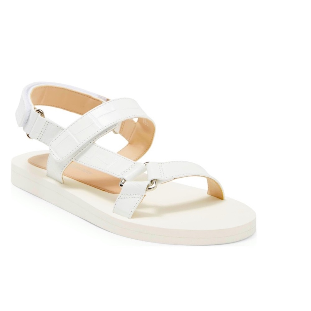 Stuart Weitzman White Vail Croc Embossed Sandals with Adjustable Teva Straps 6